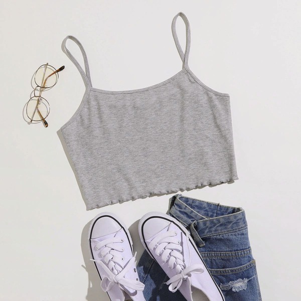 

Lettuce Trim Rib-knit Crop Cami Top, Grey