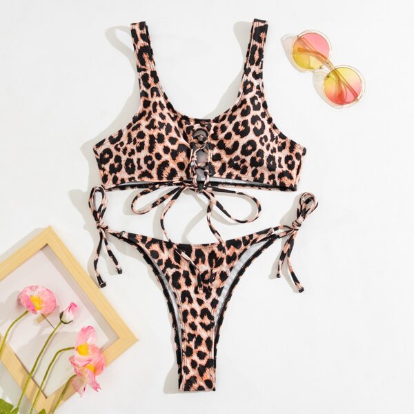 

Leopard Lace-up Bikini Swimsuit, Multicolor