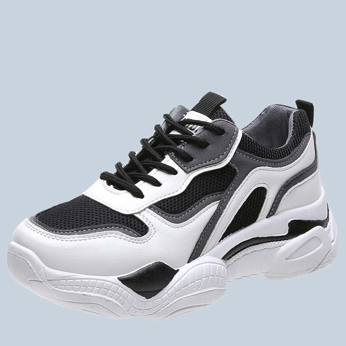 

Colorblock Lace-up Mesh Chunky Sneakers, Black and white
