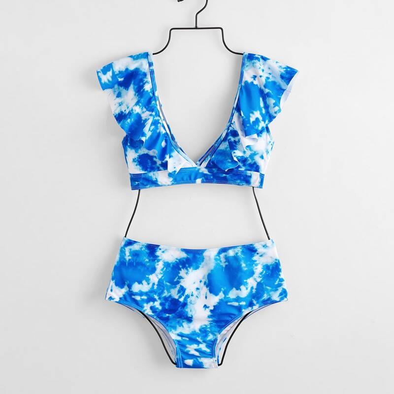 

Tie Dye Ruffle Bikini Swimsuit, Blue and white