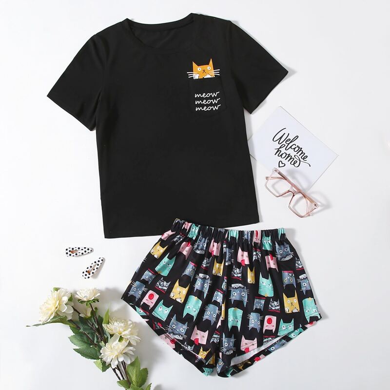

Cartoon & Letter Graphic Pajama Set, Black