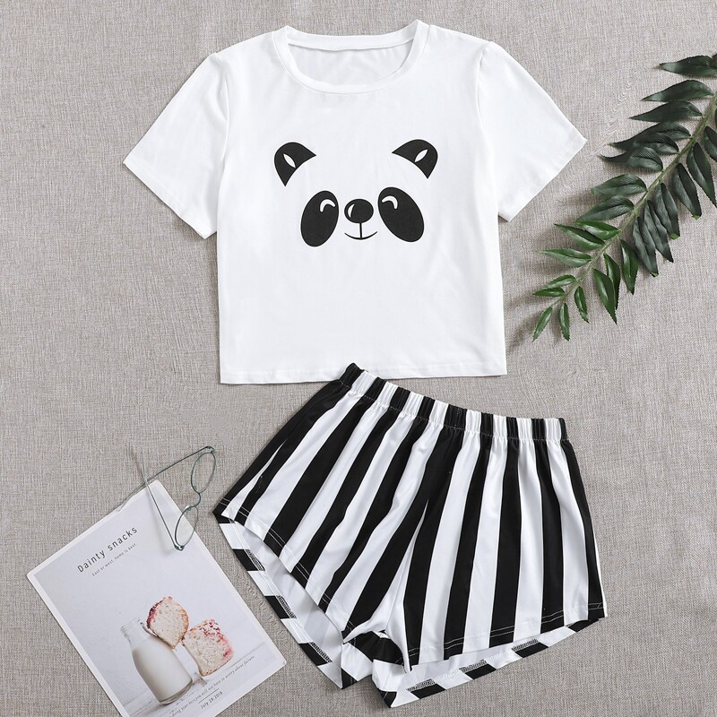 

Cartoon & Striped Pajama Set, Black and white
