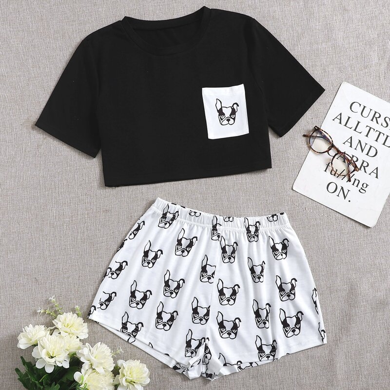 

Cartoon Dog Print Pajama Set, Black and white