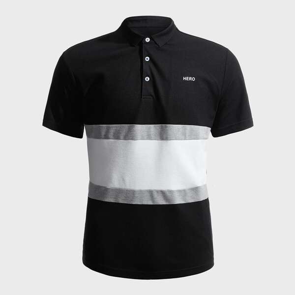 

Men Letter Graphic Colorblock Polo Shirt, Black