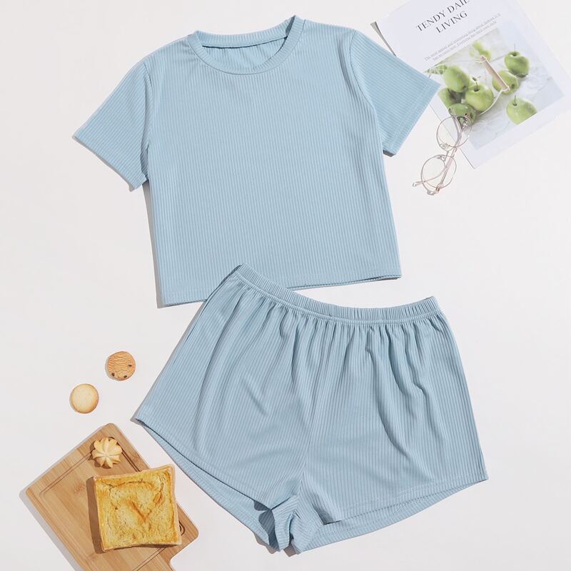 

Rib-Knit Tee With Slogan Graphic Shorts Lounge Set, Baby blue