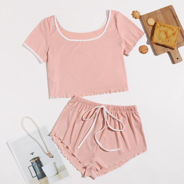 

Contrast Binding Rib-knit Lounge Set, Baby pink