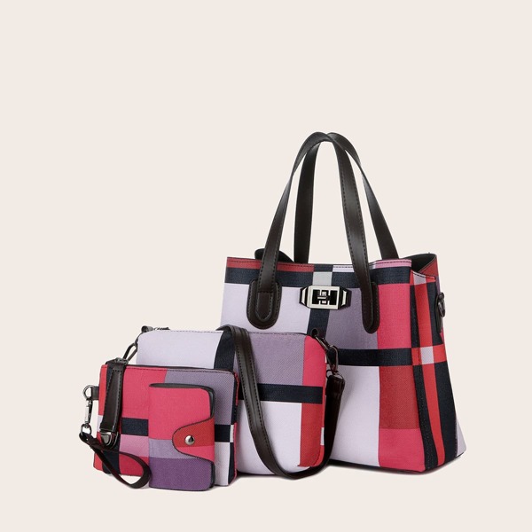 

4pcs Turn-Lock Color Block Tote Bag Set, Multicolor