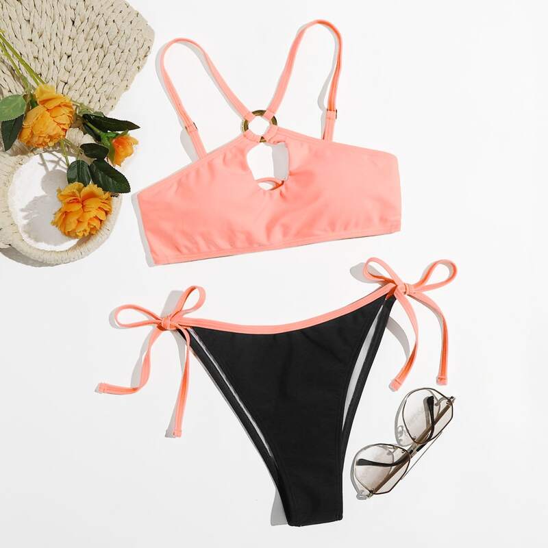 

Cut Out Ring Tie Side Bikini Swimsuit, Multicolor