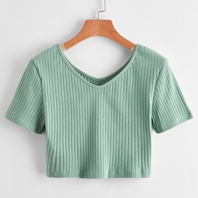 

Solid Ribbed Crop Tee, Green
