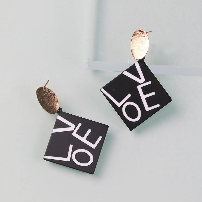 

Letter Square Drop Earrings, Black