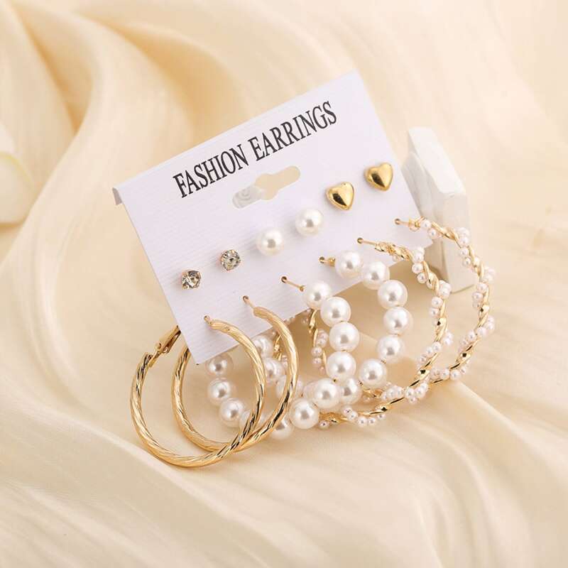 

6pairs Faux Pearl Earring Set, Gold