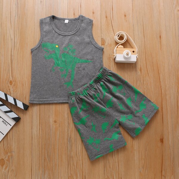 

Toddler Boys Dinosaur Print Tank Top With Shorts, Grey