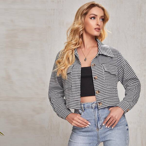 

Button Front Flap Pocket Houndstooth Jacket, Black and white