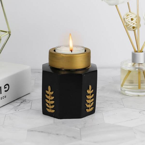 

1pc Leaf Pattern Candle Holder, Black