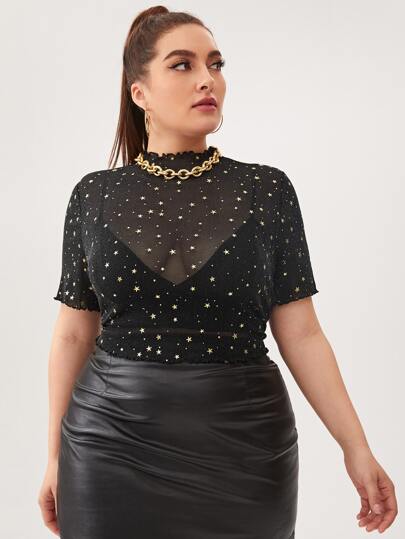 Plus Lettuce Trim Galaxy Mesh Sheer Top Without Bra