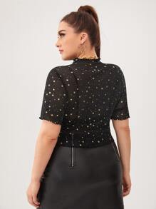 SHEIN Privé 大碼生菜邊星系網紗透明上衣不帶胸罩 - 黑色 - 查看 2