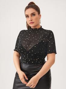 SHEIN Privé 大碼生菜邊星系網紗透明上衣不帶胸罩 - 黑色 - 查看 3