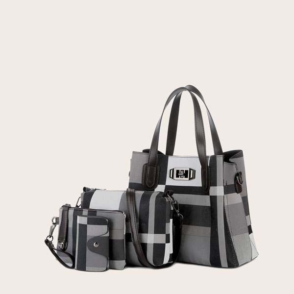 

4pcs Turn-Lock Color Block Tote Bag Set, Grey