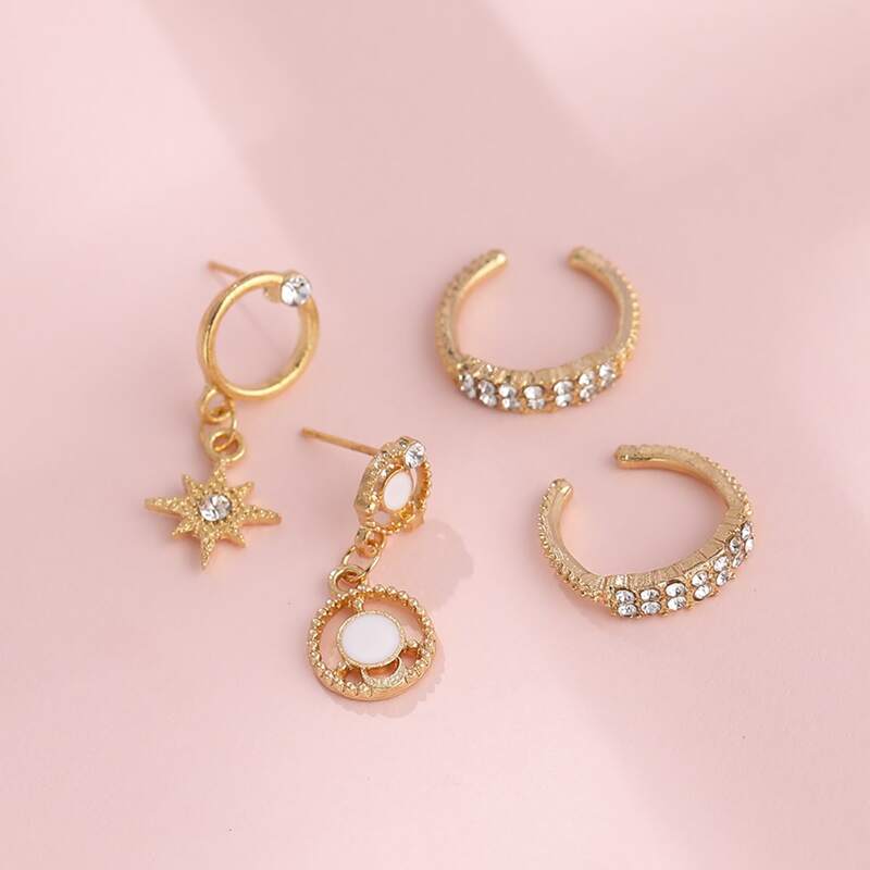 

4pcs Rhinestone Earring Set, Gold