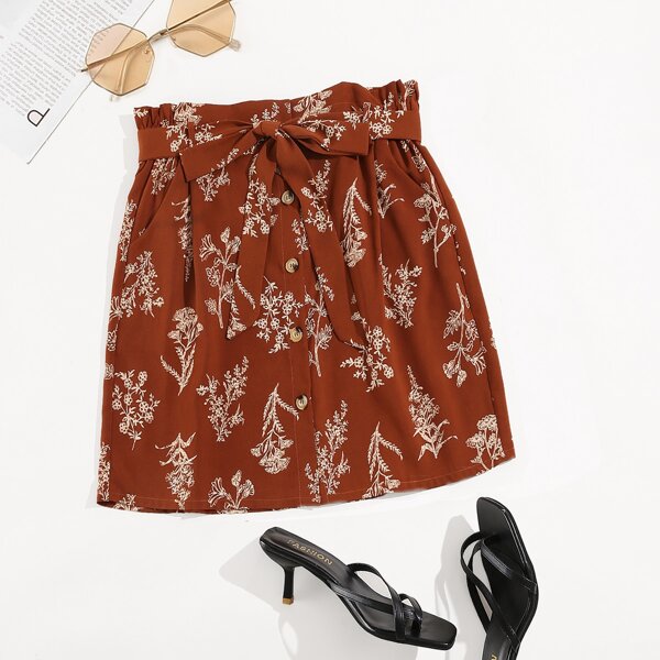 

Plus Plants Print Button Front Belted Paperbag Skirt, Burnt orange