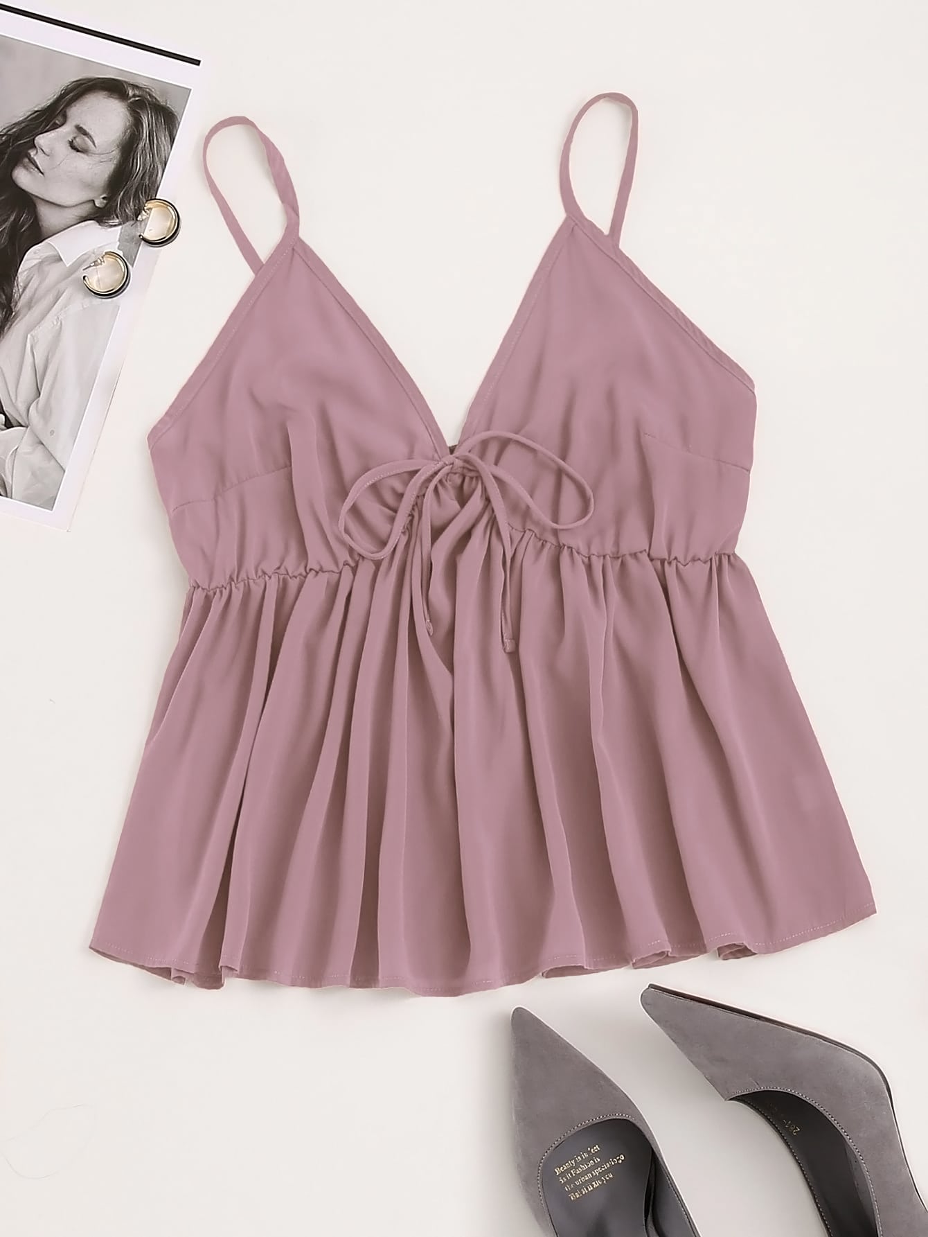 Plus Solid Shirred Knot Peplum Cami Top thumbnail