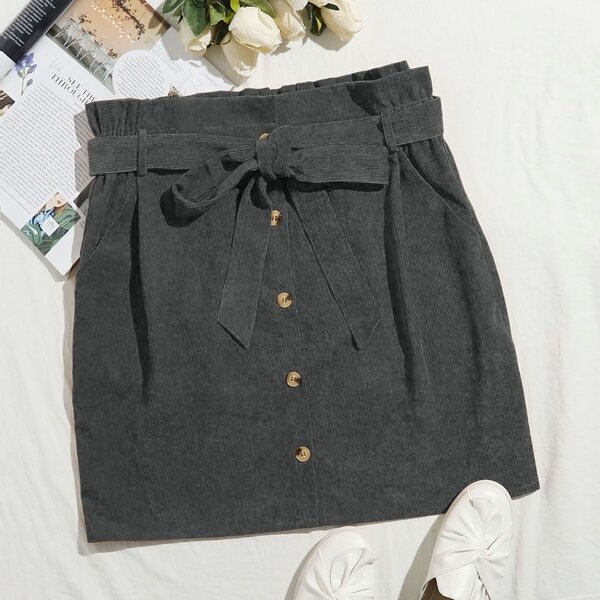 

Plus Button Front Belted Corduroy Skirt, Dark grey