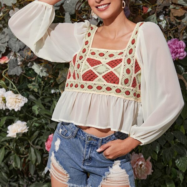

Lantern Sleeve Cut-out Colorblock Peplum Blouse, Multicolor
