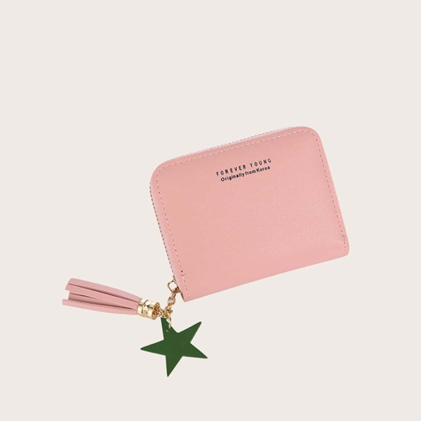 

Tassel Decor Zip Around Small Wallet, Pink
