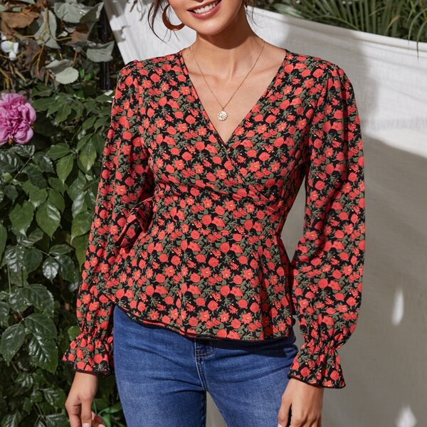 

Surplice Neck Knot Bell Sleeve Floral Peplum Top, Multicolor