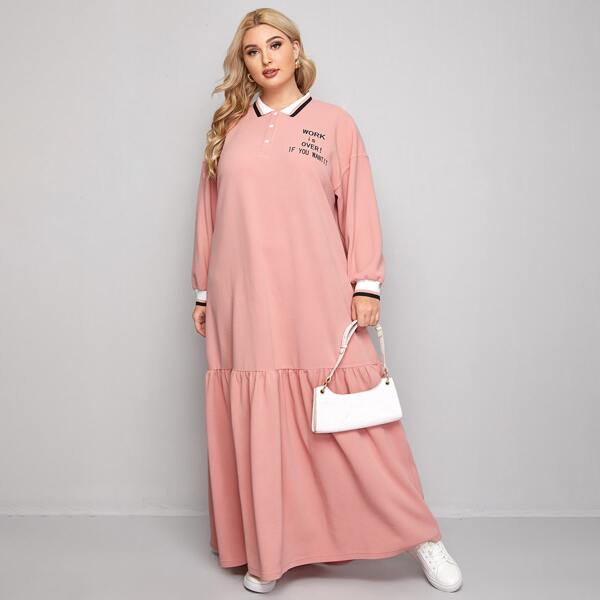 

Plus Slogan Graphic Ruffle Hem Contrast Collar Polo Dress, Coral pink