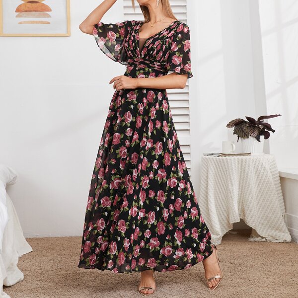 

Allover Floral Plisse Front Butterfly Sleeve Dress, Multicolor