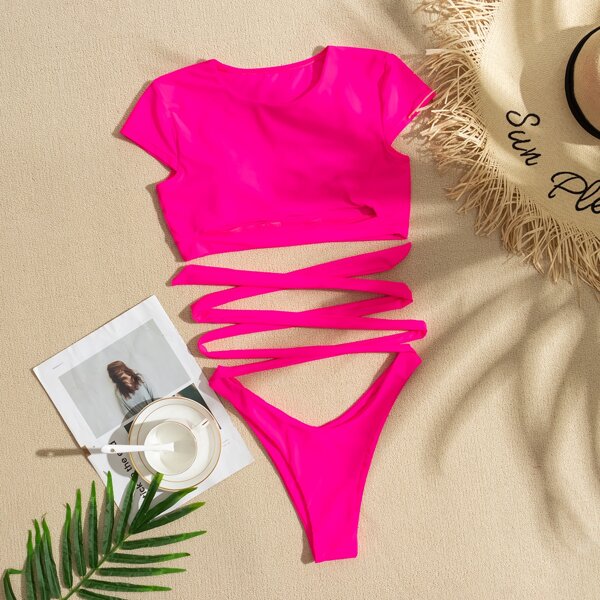 

Knot Front High Cut Bikini Swimsuit, Hot pink