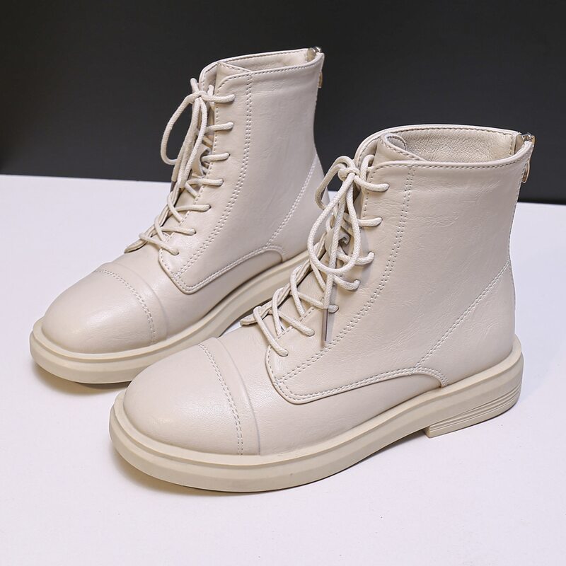 

Top Stitch Lace-up Boots, Beige