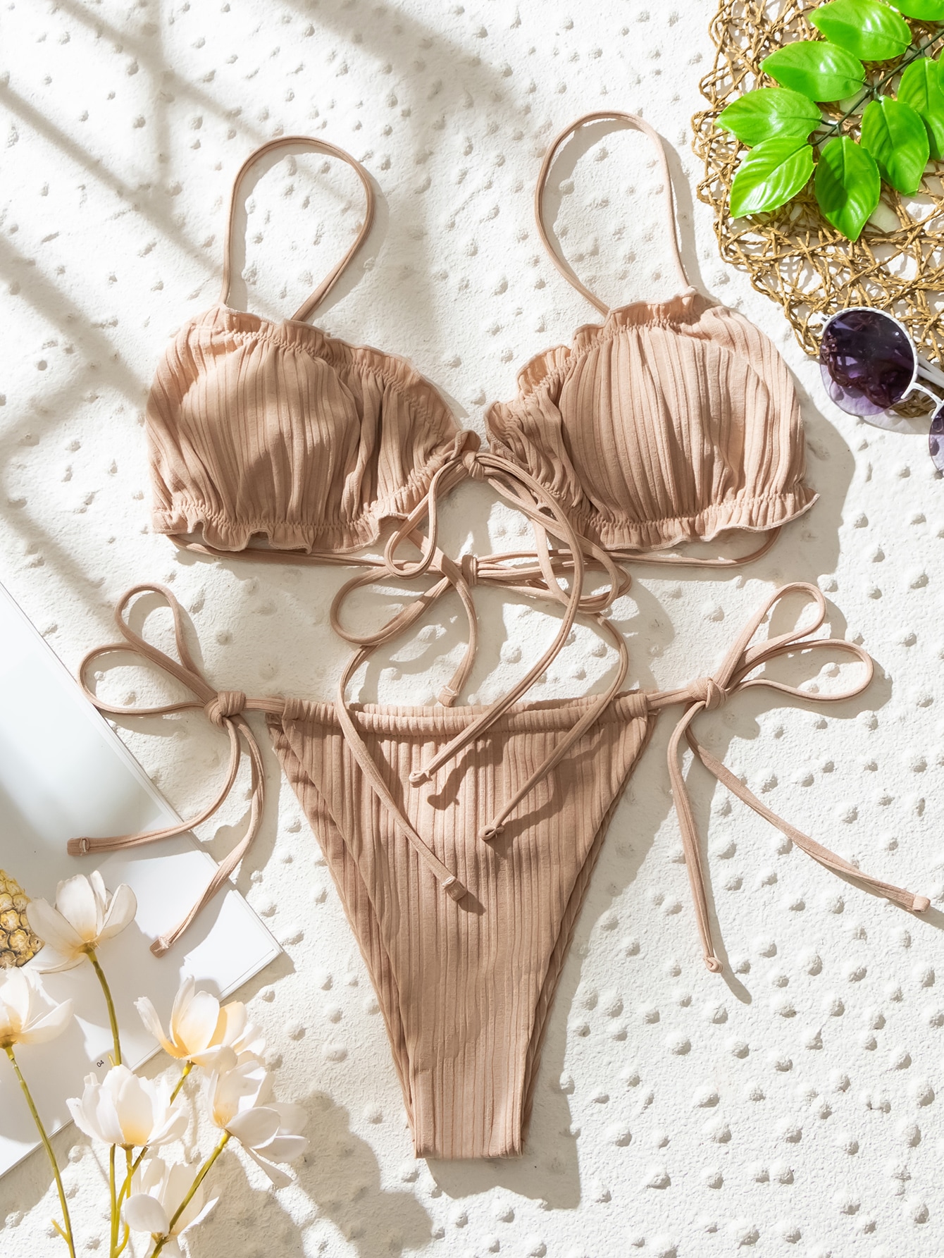 Rib Lettuce Trim Tie Side Bikini Swimsuit thumbnail