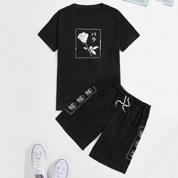 

Men Japanese Letter And Flower Print Tee & Track Shorts, Black