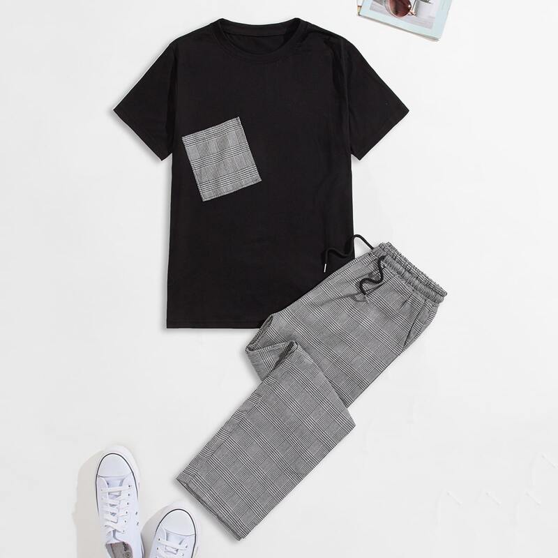 

Guys Houndstooth Patched Tee & Drawstring Waist Pants, Multicolor