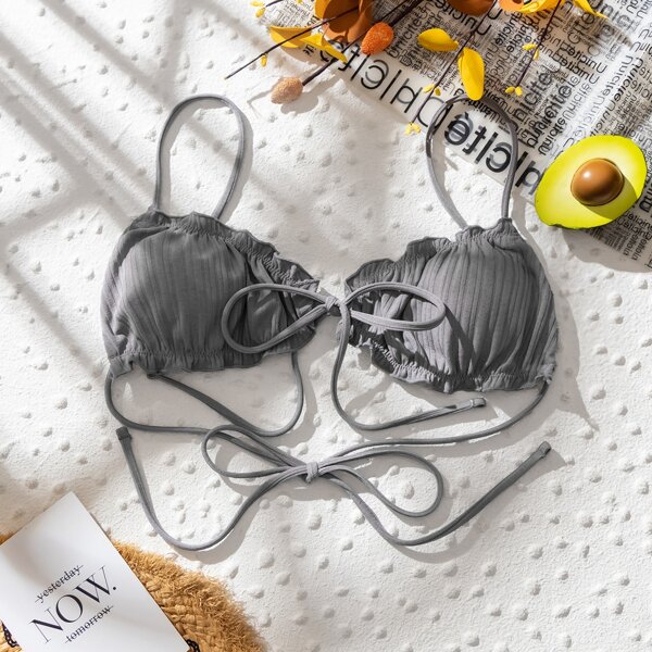 

Ruched Lettuce Trim Bikini Top, Grey