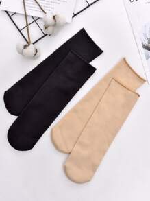 2pairs Solid Warm Crew Socks - Multicolor - View 2