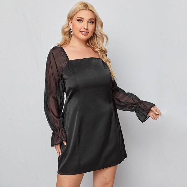 

Plus Flounce Sleeve Square Neck Dress, Black