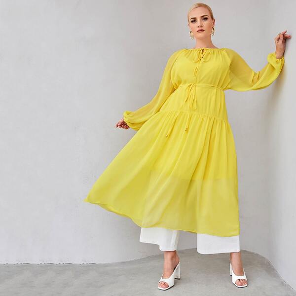 

Plus Tie Neck Bishop Sleeve Belted A-line Dress, Yellow