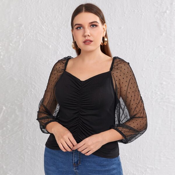 

Plus Sweetheart Neck Dobby Mesh Sleeve Ruched Top, Black