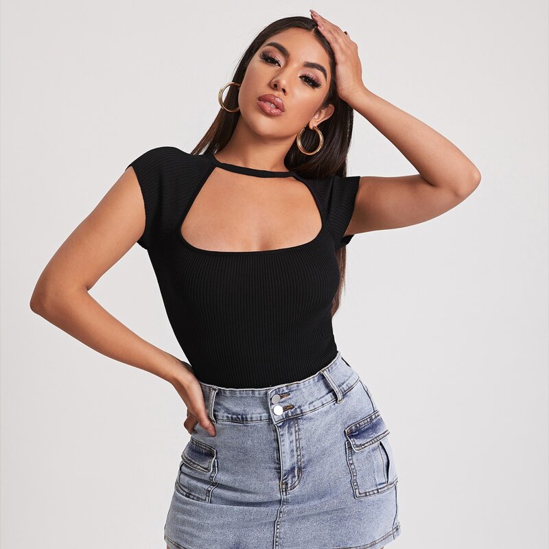 

Raglan Sleeve Cutout Front Solid Knit Top, Black