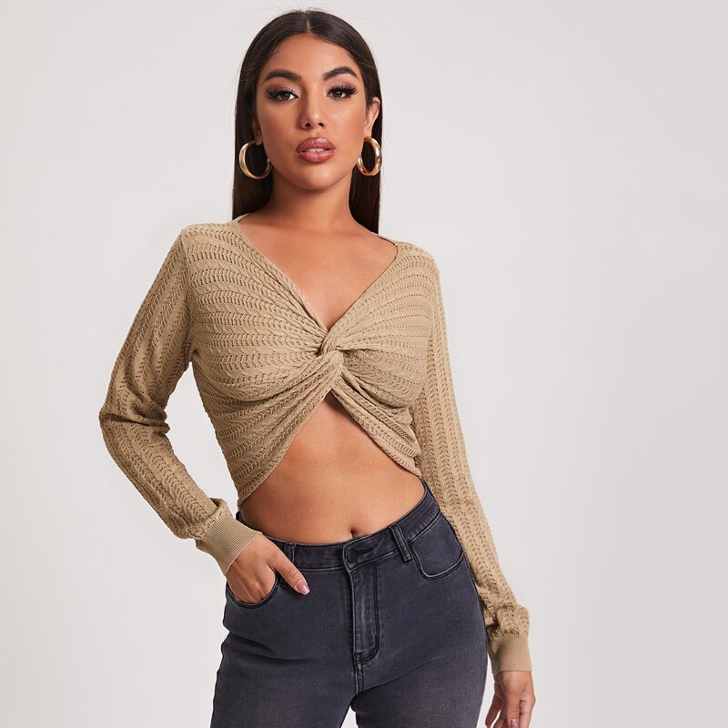 

Twist Front Pointelle Knit Crop Pullover, Khaki