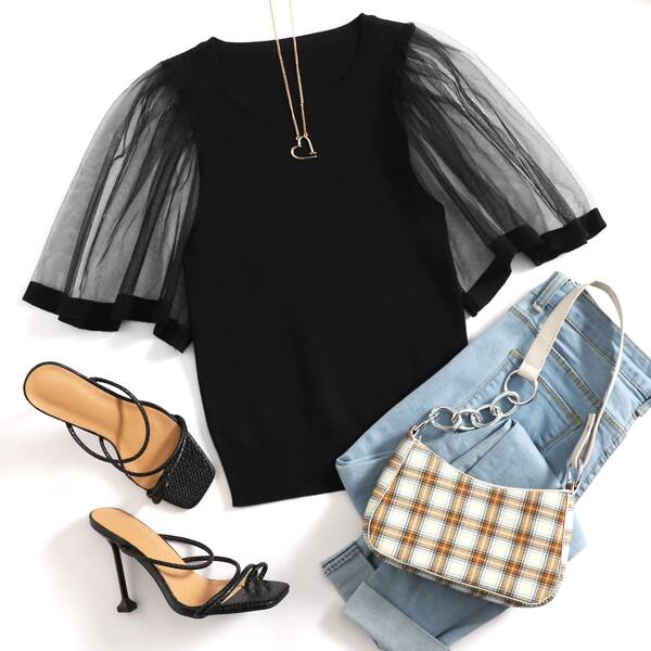 

Sheer Mesh Butterfly Sleeve Knit Top, Black