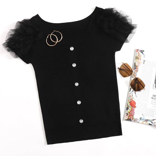 

Ruffle Mesh Detail Rhinestone Front Knit Top, Black
