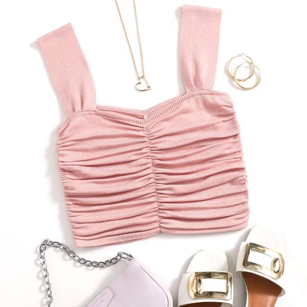 

Ruched Detail Solid Knit Top, Baby pink