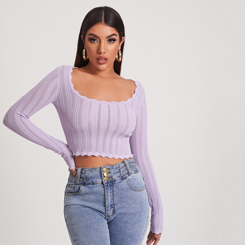 

Scoop Neck Scallop Edge Pointelle Knit Crop Sweater, Pastel lilac purple