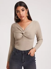 SHEIN Jersey Pliegos Liso Elegante - Caqui - Ver 1
