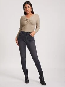 SHEIN Jersey Pliegos Liso Elegante - Caqui - Ver 3