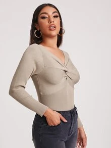SHEIN Jersey Pliegos Liso Elegante - Caqui - Ver 5